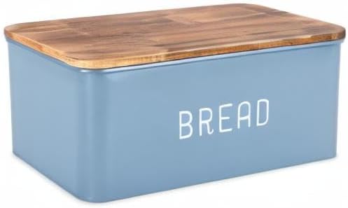 Nat & Jules Matte Blue 12 x 7 Metal Enamel Rubber Wood Lidded Bread Box