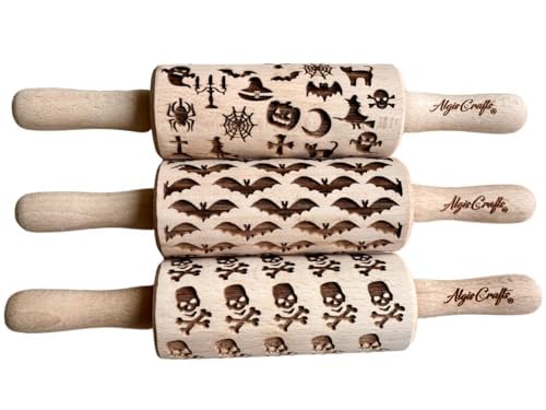 HALLOWEEN 3 Mini Embossed Rolling Pin Set. Wooden Laser Engraved Textured rolling pins for Cookies, Modeline, Ceramic with Skulls, Bats, Halloween by Algis Crafts