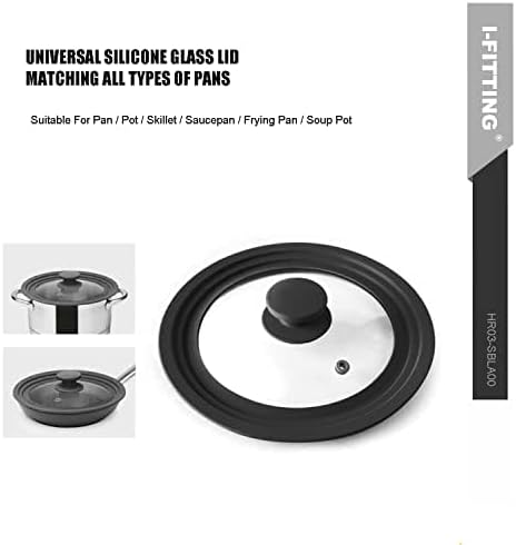 Universal Lid for Pot,Pan,Skillet Fits 6.5",7",8" Cookware Silicon lid Dishwasher Safe, Replacement Lid Vented Tempered Glass with Heat Resistant Silicone Rim By HR Huare Technology, Black,1 Pack