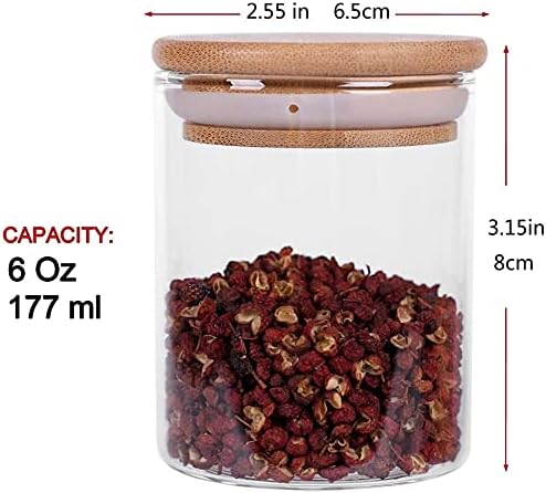 Glass Jars with Bamboo Wooden Airtight Lids 6oz 10oz Spice Jars Food Storage Containers for Home Kitchen, Tea, Salt, Pepper, Spices, Coffee, Herbs, Grains (6 OZ, 6 PCS)