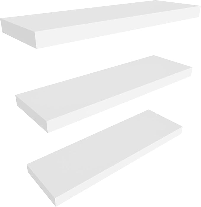 Colima Floating Shelves for Wall White Wood Wall Shelf for Bedroom, 24 Inch Wall Mounted Floating Shelves for Bathroom Living Room Kitchen Office, 1.3" Thick Floating Book Shelves for Wall, Set of 3