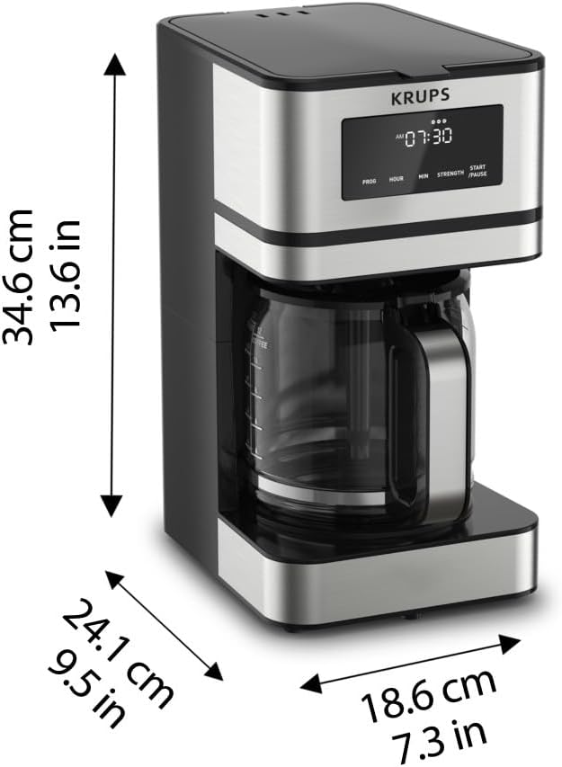 KRUPS Simply Brew: Stainless Steel and Glass Carafe 14 Cup Drip Coffee Maker, Programmable with Digital Display, Dishwasher Safe, Drip Free Coffee Machine, Black and Silver