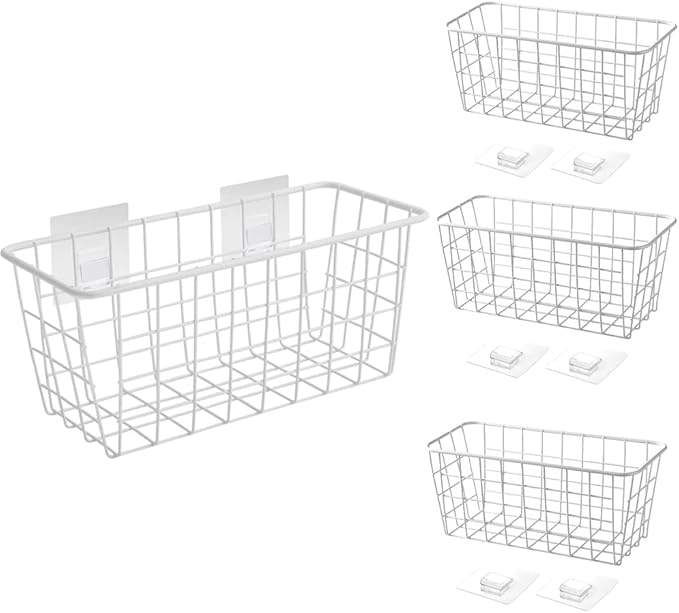 LeleCAT Hanging Kitchen Baskets For Storage Adhesive Sturdy Small Wire Storage Baskets No Drilling Wall Mounted Kitchen Food Pantry Bathroom Shelf Storage, 4 PACK,White