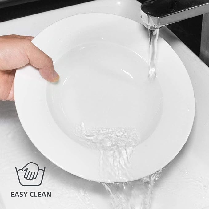 Artena 8 Ounces Pasta Bowls Set of 4, 8.5 inch Soup Bowls, Advanced Porcelain Salad Bowl, Wide Rim Pasta Plates, Shallow Bowls for Kitchen, Rimmed White Plates and Bowls Set, Microwave Oven Safe