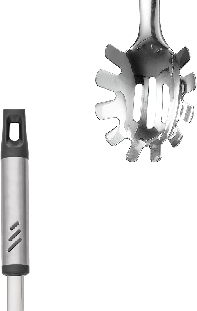 Spaghetti Spoon, Stainless Steel Pasta Fork for Serving and Cooking, 13.4 Inch Pasta Spoon with Teeth for Noodles, Ramen and Tagliolini, Comfortable Grip Design, Silver
