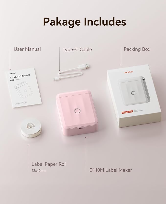 NIIMBOT Label Maker Machine Bluetooth Label Printer for School Home Office Organization, Wireless Mini Labeler D110 Upgraded Version, Label Machine with Label, Pink