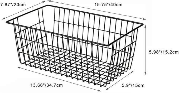 SANNO Freezer Wire Baskets, Refrigerator Freezer Baskets Wire Metal Storage Basket, Farmhouse Storage Organizer Bin for Pantry, Shelf, Kitchen, Cabinet, Bathroom Black 15.7" L x 7.9" Wx 5.9" H