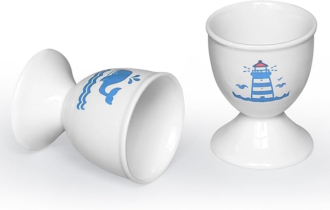 Cinf Ceramic Egg Cup Set of 2 Porcelain Holder Breakfast Boiled Cooking Easy to Clean Childhood Memories Kitchen(Lighthouse Whale)