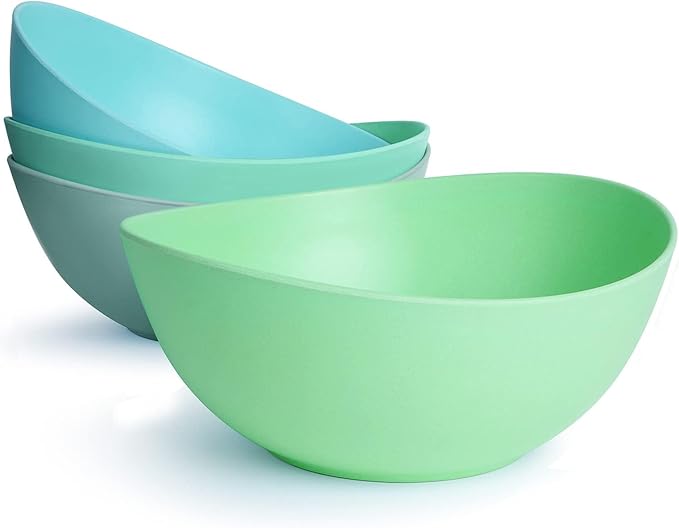 9.6'' Serving Bowls, Bamboo Fiber Salad Bowls Set of 4, 2.6Qt/84 Ounce, Large Bowls for Kitchen,Curvy Shape Big Deep Bowl for Salad,Vegetable,Fruit,Cereal, Lightweight & Easy to Clean(Multi Turquoise)