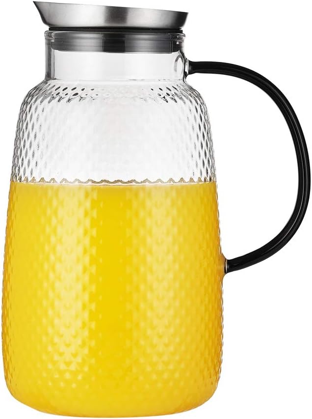 Purefold Pitcher with Lid, Glass Jug with Stainless Steel Lid for Hot and Cold Water, Fruit Tea, Coffee Maker, Ice Tea, Juice, Pineapple Series (Clear, 80 oz)