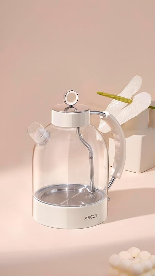 ASCOT Electric Kettle, Glass Electric Tea Kettle Gifts for Men/Women/Family 1.5L 1500W Borosilicate Glass Tea Heater, with Auto Shut-Off and Boil-Dry Protection (Beige)