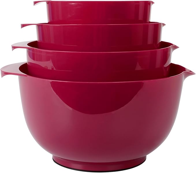 BoxedHome Nesting Plastic Mixing Bowl Set, 4 Piece Mixing Bowl Set with Pour Spouts, Size 1.7, 2.5, 3.5 and 4.5qt, for Prepping, Mixing, Baking, Cooking, Deep Carmine
