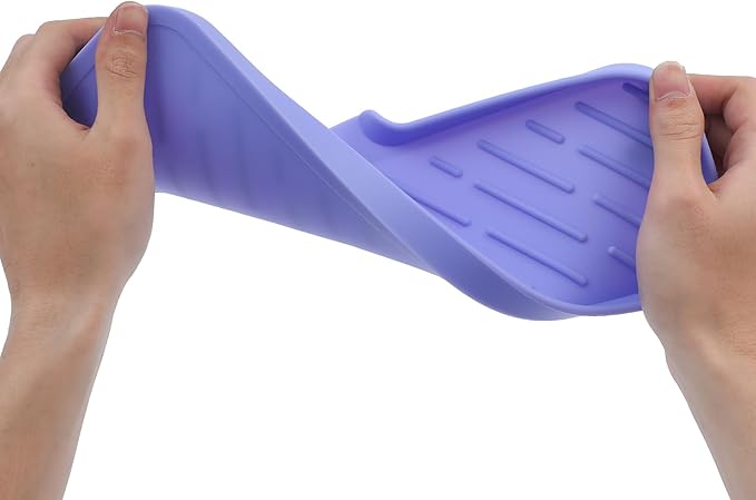 Silicone Bathroom Soap Dishes with Drain Spout-Bathroom and Kitchen Sink Organizer,Sponge Holder,Dish Soap Tray,Perfect for Dispenser,Scrubber,Bottle on Sink or Counter-Light Purple 12"×4"