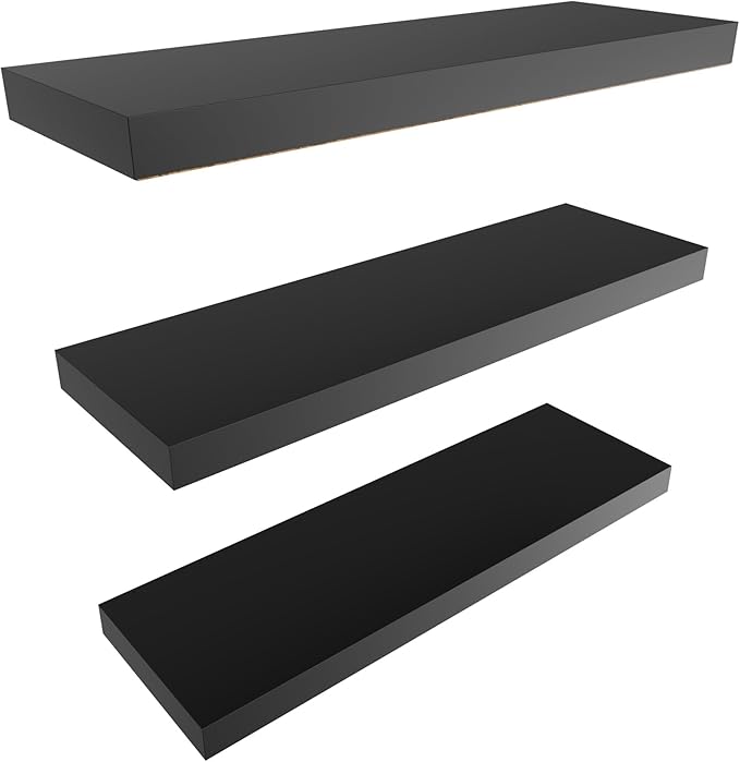 Colima Floating Shelves for Wall Black Wood Wall Shelf for Bedroom, 24 Inch Wall Mounted Floating Shelves for Bathroom Living Room Kitchen Office, 1.3" Thick Floating Book Shelves for Wall, Set of 3