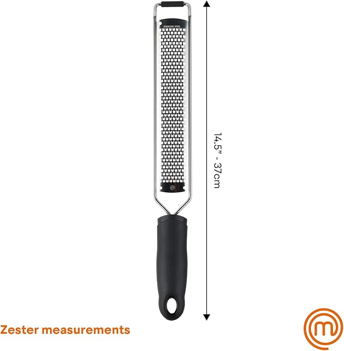 MasterChef Zester Grater with Handle, Kitchen Tool for Zesting Citrus Fruits & Finely Grating Parmesan Cheese, Garlic, Ginger, Coconut, Nutmeg, Wasabi, Chocolate etc, Stainless Steel