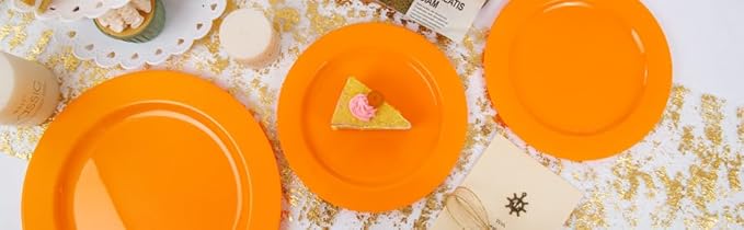 FLOWERCAT 60PCS Orange Plates - Heavy Duty Orange Plastic Plates Disposable for Halloween & Thanksgiving Party - Serve 30 Guests 10.25inch and 7.5inch