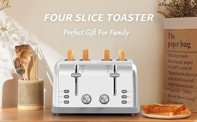 Toaster 4 Slice Retro Stainless Steel,Best Prime 4 Slice Toaster Wide Solt with 7 Shade Settings, Perfect for Waffles, Bagels and More Lainsten T-527