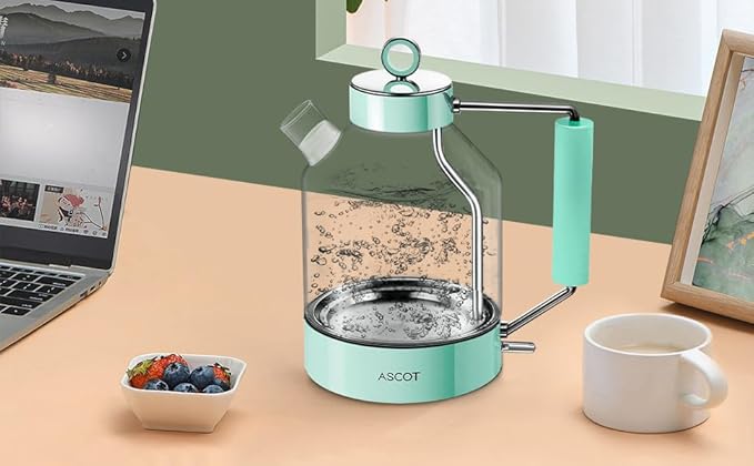 ASCOT Electric Kettle, Glass Electric Tea Kettle Gifts for Men/Women/Family 1.5L 1500W Borosilicate Glass Tea Heater, with Auto Shut-Off and Boil-Dry Protection (Green)