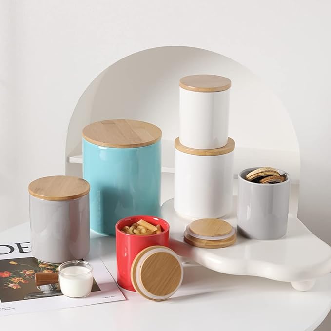 Sweejar Kitchen Canisters Ceramic Food Storage Jar Set, Stackable Containers with Airtight Seal Bamboo Lid for Serving Ground Coffee, Tea,Grains, Herbs,Sugar, Salt and More - Pack of 4(Turquoise)