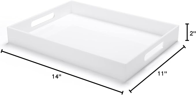 Modern Acrylic Ottoman Tray with Cutout Handles. Acrylic Serving, Organizer Decorative Tray. for Living Room, Bedroom,Bathroom and Kitchen Tabletop (White, 11x14 Inch)