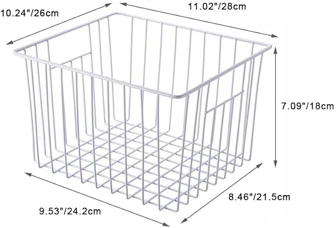 SANNO Freezer Wire Storage Organizer Basket, Refrigerator Storage Baskets Bins Organizer with Built-in Handles for Cabinets, Pantry, Closets, Bedrooms 4 Pack 11"x10"x 7" White