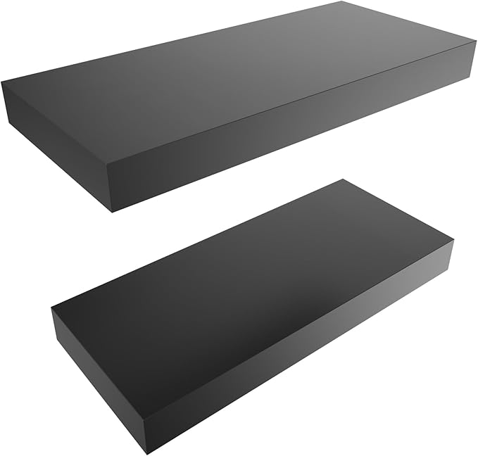 Colima Floating Shelves for Wall Black Wood Shelf for Bedroom, 15 Inch Wall Mounted for Bathroom Living Room Kitchen Office, 1.3" Thick Floating Book Shelves for Wall, Set of 2