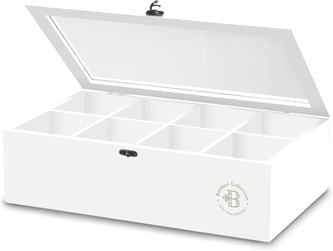 Bambüsi Tea Bag Organizer - Bamboo Tea Box Organizer Storage Box, Tea Bag Holder with Acrylic Window, Magnetic Lid Keeps Tea Bags Fresh - Tea Organizer Caddy (Tea Not Included) Christmas Gift - White
