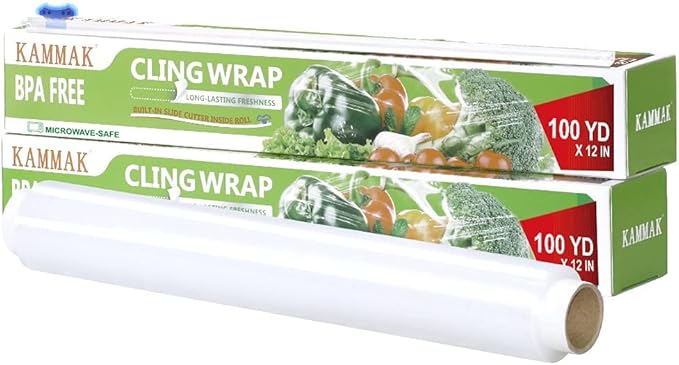 KAMMAK Plastic Wrap, Food Wrap with Slide Cutter, Cling Wrap 12 inch Food Service Clear Cling Film 2 Pack 300 Square FT Roll BPA-Free Microwave-Safe Kitchen Wrap Quick Cut Plastic Film