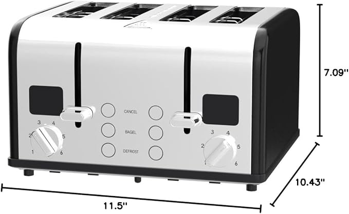 CUSIMAX 4 Slice Toaster, Stainless Steel, Ultra-Clear LED Display & Extra Wide Slots, with Dual Control Panels of 6 Shade Settings, Cancel/Bagel/Defrost Function, Removable Crumb Trays, Black