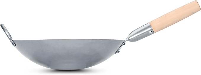 Craft Wok Traditional Hand Hammered Chinese Carbon Steel Wok with Wooden and Steel Helper Handle (12 Inch, Round Bottom Pow Wok Pan) / 731W88-12in