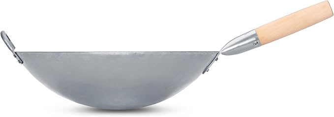 Craft Wok Traditional Hand Hammered Chinese Carbon Steel Wok with Wooden and Steel Helper Handle (14 Inch, Round Bottom Pow Wok Pan) / 731W88