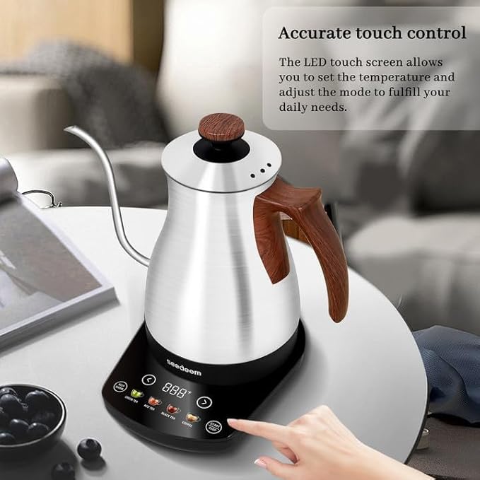 SEEDEEM Gooseneck Electric Kettle, 1L 1200W Touch Screen Pour-Over Kettle with 4 Heating Modes, ±1℉ Temp Control, Keep Warm Function, for Tea & Coffee, Silver