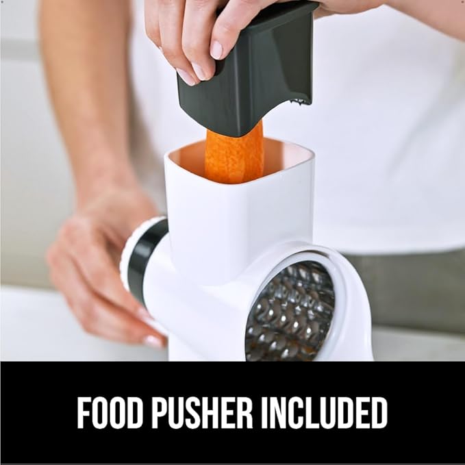 GORILLA GRIP BPA-Free Rotary Cheese Grater Hand Crank, Easy to Set Up, Strong Suction Base for Kitchen Countertop, Shred Potato, Vegetable, Nuts in Seconds, Round Mandoline Slicer, 3 Blades, White