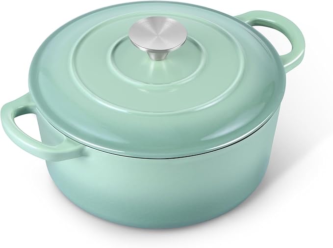 E-far 3 Qt Enameled Cast Iron Dutch Oven with Lid, Small Round Nonstick Dutch Oven Pot for Bread Baking Braising Stews Roasting Cooking, Heavy Duty, Induction & Oven Safe - Sage Green