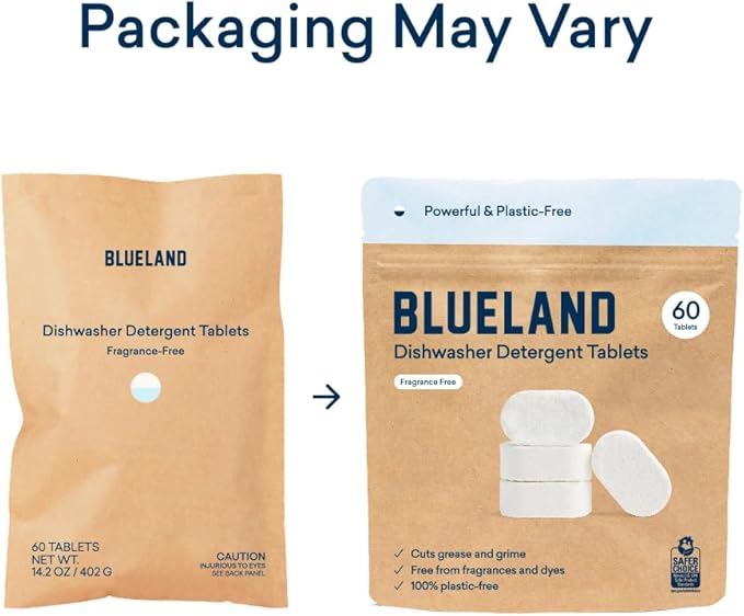 BLUELAND 100% Plastic-Free Dishwasher Detergent Tablets, 60 Count, Free & Clear, Eco-Friendly Dishwashing Pods, Natural, Sustainable