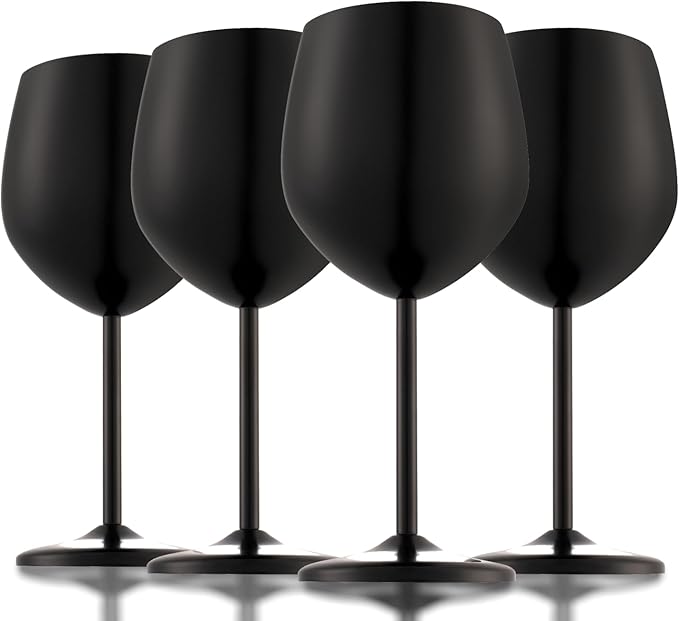 Stainless Steel Wine Glasses Set of 4 Unbreakable Wine Glass 18 oz Unique Metal Wine Goblets for Outdoor, Travel, Camping, Pool, Ideal Gift for Wine Lovers (Matte-Black)