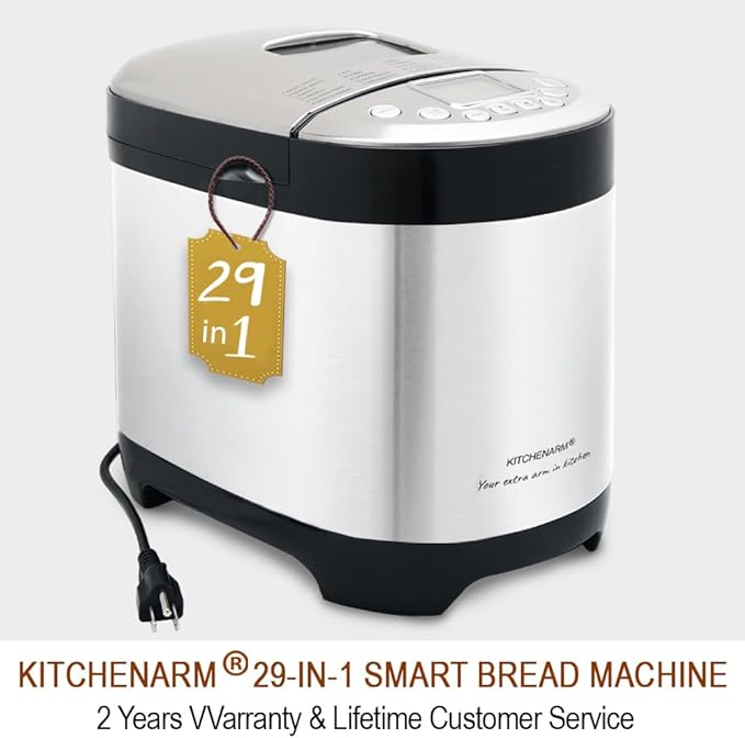 KITCHENARM 29-in-1 SMART Bread Machine with Gluten Free Setting 2LB 1.5LB 1LB Bread Maker Machine with Homemade Cycle - Stainless Steel Breadmaker with Recipes Whole Wheat Bread Making Machine