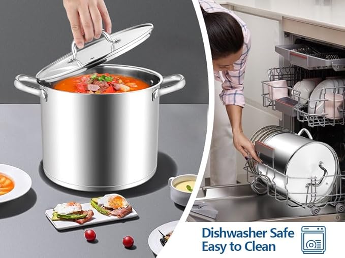 E-far 10 Quart Pot, Stainless Steel Stock Cooking Pot with Glass Lid for Soup Canning Stewing Simmering, Heavy Duty Large Cookware with Triply Base for Induction Gas Ceramic Stoves, Dishwasher Safe