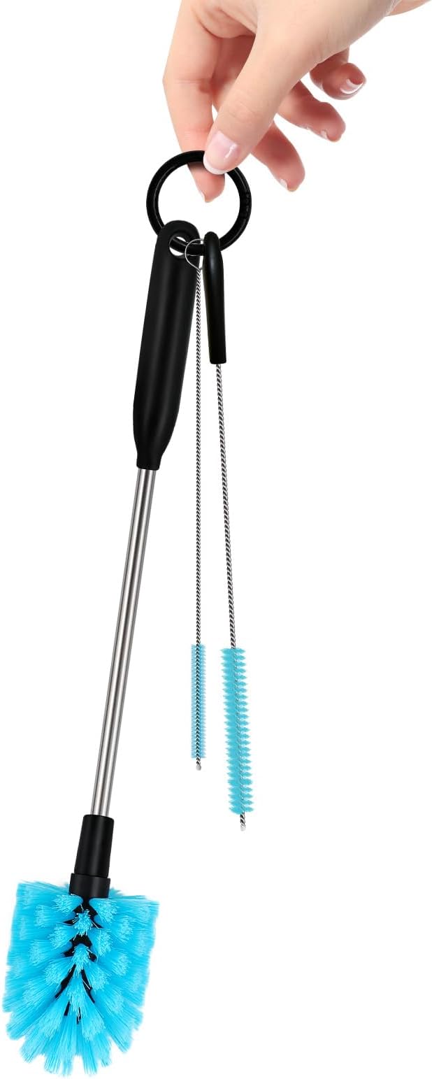 3 in 1 Stainless Steel Long Handled Water Bottle Brush Set, Kitchen Scrubber Cleaning Brush for Mugs, Coffee Cups, Glassware, Wine Glasses, Wake-Ups, with Straw Cleaner, Blue