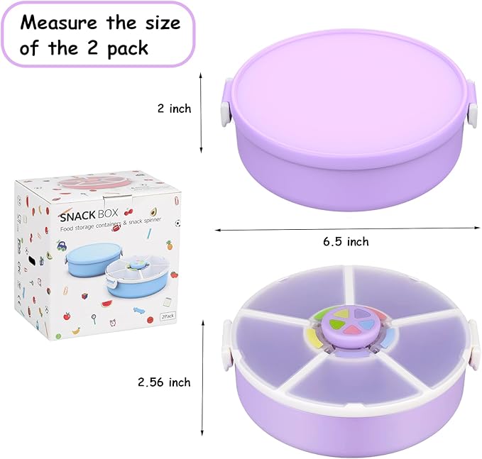 Snack Spinner Set for Kids – 2-Pack, Includes Rotating Snack Container & Classic Sectioned Snack Box, BPA-Free, Dishwasher Safe, Perfect for Travel, Purple
