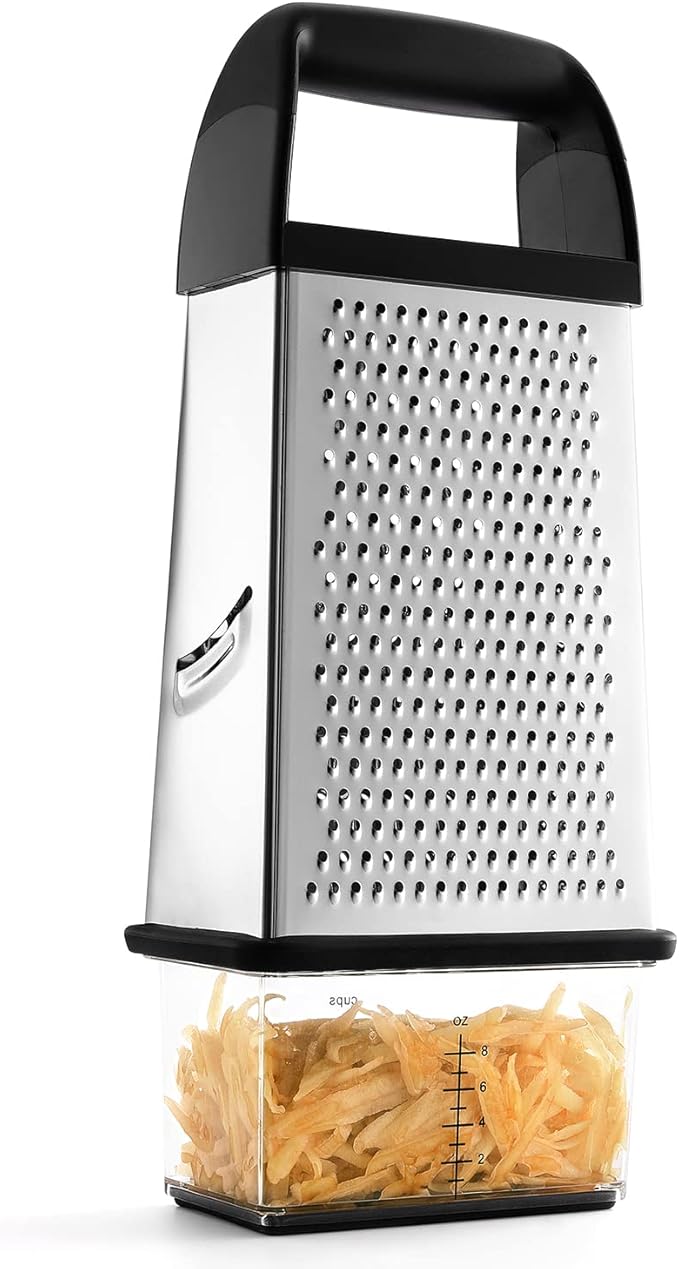 Spring Chef Professional 10" Parmesan Cheese Grater With Container, Stainless Steel & Soft Grip Handle, 4 Sided Kitchen Cheese Shredder, Handheld Box Grater for Vegetables, Potato, Carrot - Black
