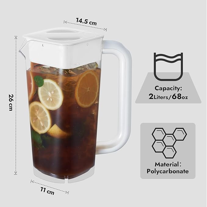 CURTA Plastic Pitcher with Lid, 2L Heavy-Duty Shatterproof Clear Water Pitcher with Handle for Lemonade, Coffee, Milk, Juice,cafeteria, 2 Pack
