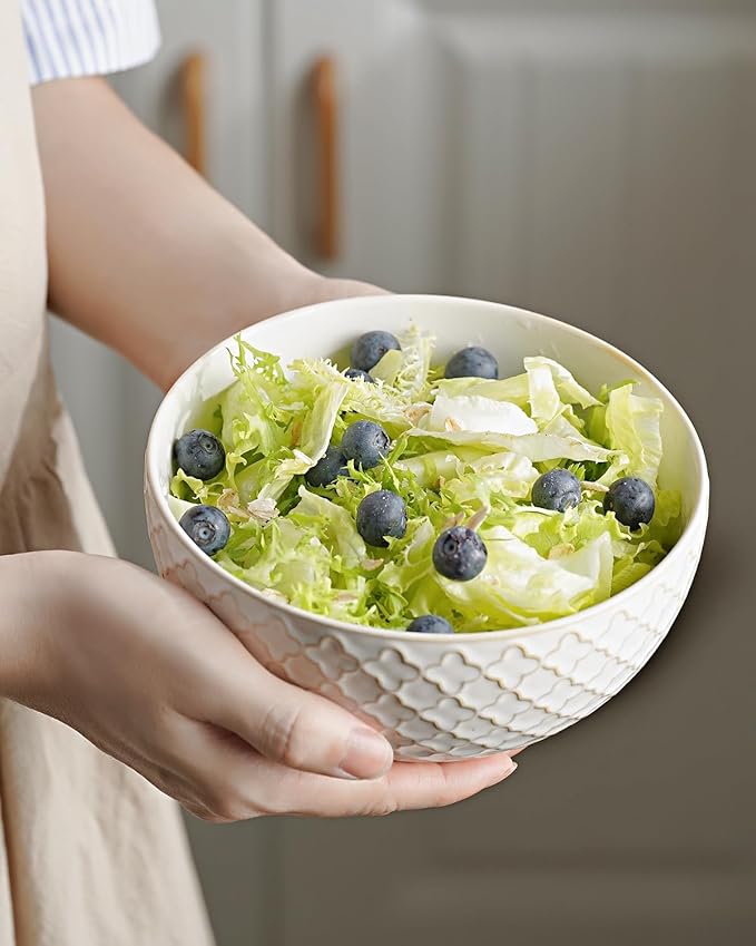 getstar Ceramic Soup Bowls, Cereal Bowl Set of 4 with Assorted Embossment (6.1 inch & 30 oz), Farmhouse Vintage Color Bowls for Kitchen