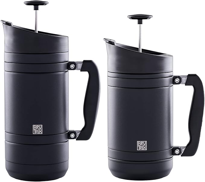 BaseCamp Coffee Press - Double Wall Insulated Stainless Steel - Bru-Stop Technology, No Grounds in Coffee, No Spill Lid (Obsidian, 48 fl.oz)
