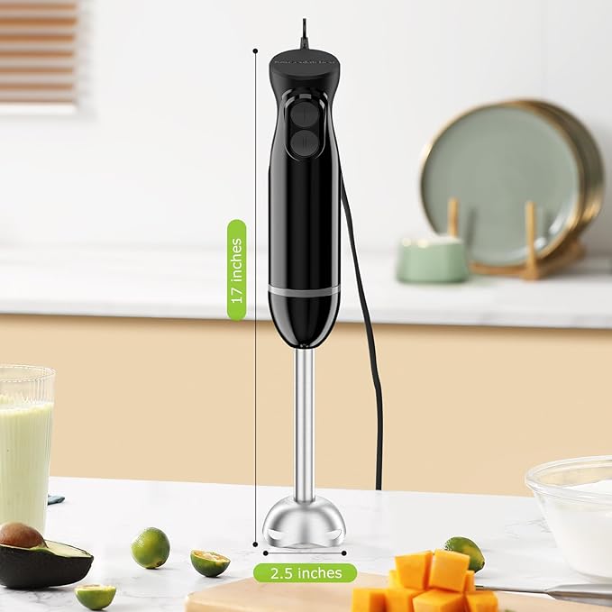 Bonsenkitchen Hand Blender, Immersion Blender with 2 Mixing Speed, Electric Handheld Mixer Portable Stick Mixer with Stainless Steel Blades for Soup, Smoothie, Puree, Baby Food