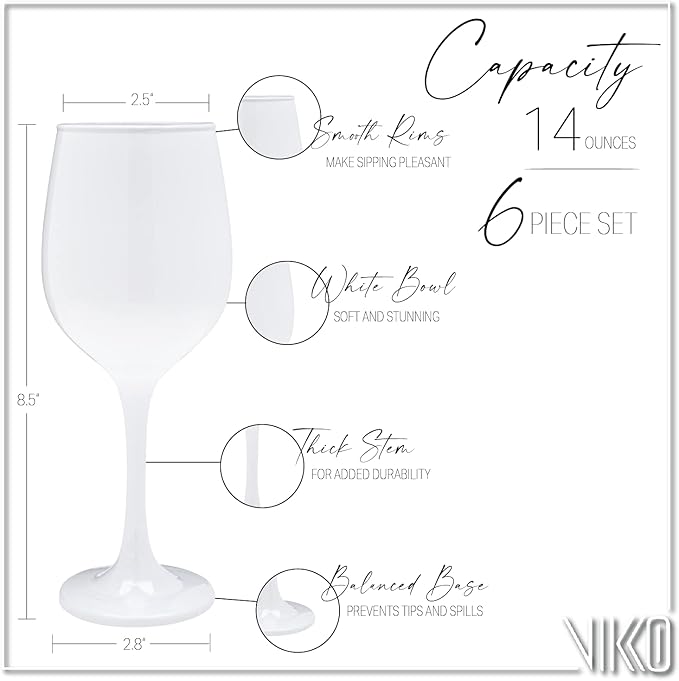 Vikko Decor Fancy White Wine Glasses, 14 Oz With Stem - Thick & Durable, Dishwasher Safe, Great For Wine Tasting - Set Of 6 Decorative Goblets