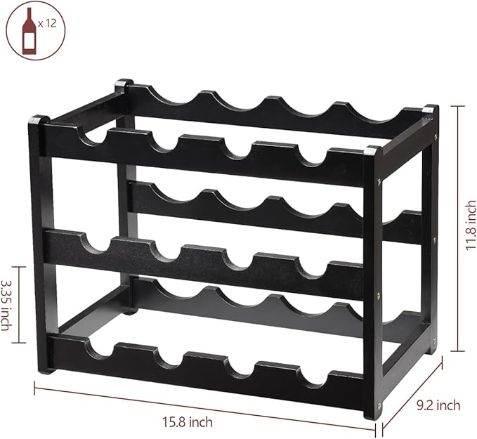 Bamboo Wine Rack, Sturdy and Durable Wine Storage Cabinet Shelf, Wine Racks Countertop for Pantry - 3 Tiers 12 Bottle Wine Rack, Black