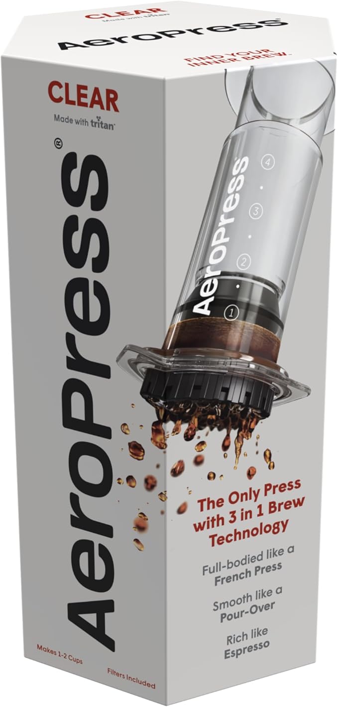 AeroPress Clear Coffee Press – 3 In 1 Brew Method Combines French Press, Pourover, Espresso, Full Bodied Coffee Without Grit or Bitterness, Small Portable Coffee Maker for Camping & Travel, Clear