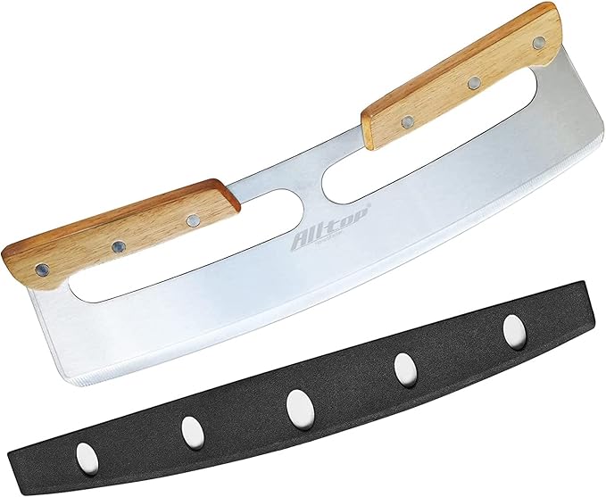 ALLTOP Pizza Cutter Rocker,Stainless Steel Blade Knife With Double Wooden Handle & Plastic Cover, Large Pizza Slicer/Chopper, Essential Kitchen Tool -14 In