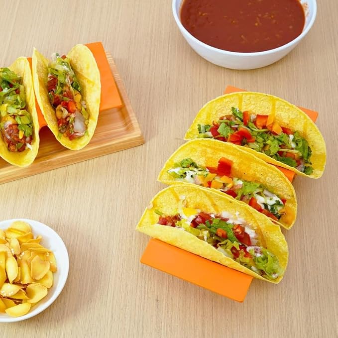 TP Taco Holder Stands, Set of 2 Melamine Large Taco Serving Rack Tray with Handle, Holds 3 Tacos, Dishwasher Safe, Ideal for Taco Night, Party, Home, Fiesta, Orange